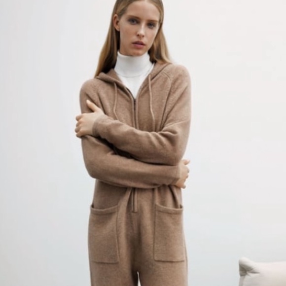 Zara Knit Camel Zip-Up Hooded Jumpsuit - Picture 1 of 8